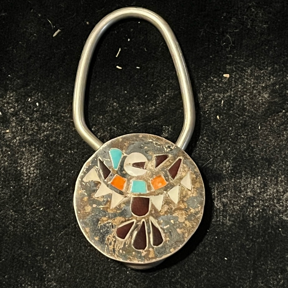 Vintage Native American inlaid key ring turquoise coral mother of pearl abalone